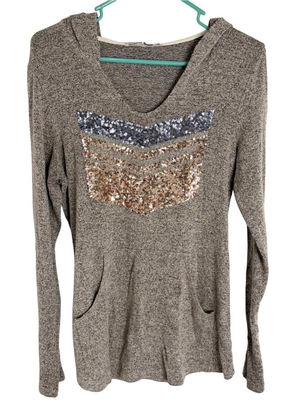 3/$20 Chance or Fate Gray Lightweight Hoodie with Silver and Gold Sequin Chevron
